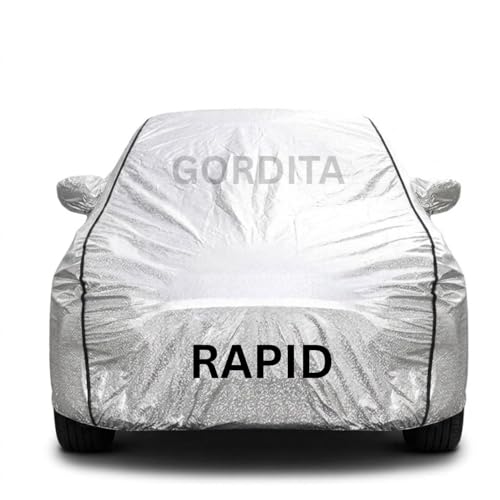 Image of Waterproof Car Body Cover for Rapid All Weather Protection Comes with Inner Cotton Lining & Triple Stitched with Mirror & Antenna Pocket Belt & Elastic Fit Metallic Silver with Black Piping2