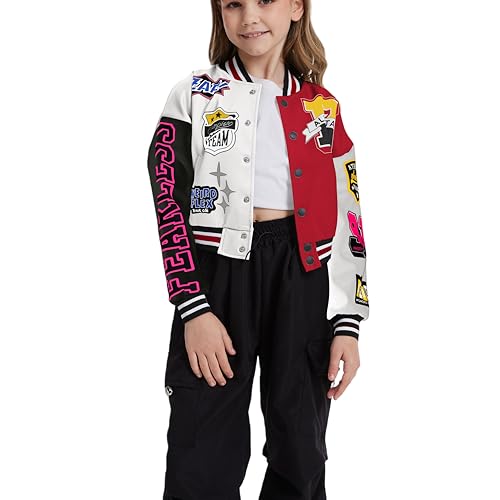 Girls Crop Varsity Jacket Print Color Block Bomber Jacket Casual Button Down Baseball Coats2