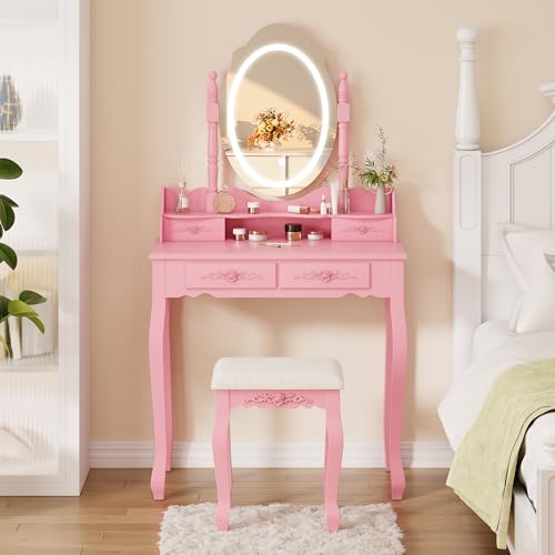 Vanity Desk with Mirror and Lights, Modern Vanity Makeup Table