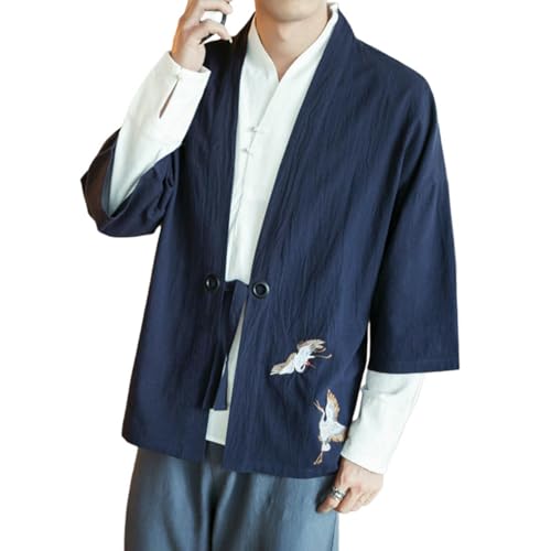 Chemise Hanfu homme à manches 7/4 et fente latérale de style chinois traditionnel en coton