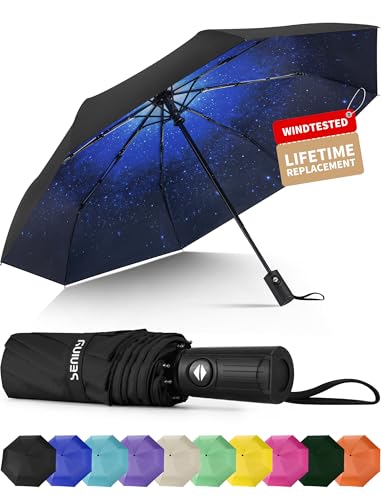 Image of Seniny Windproof Travel Umbrella, Automatic Umbrellas for Rain, Portable & Compact Umbrellas for Backpack, Strong UV for Protection, Folding Small Sun Umbrella for Car, Walking, Coral Pink, 38 inches