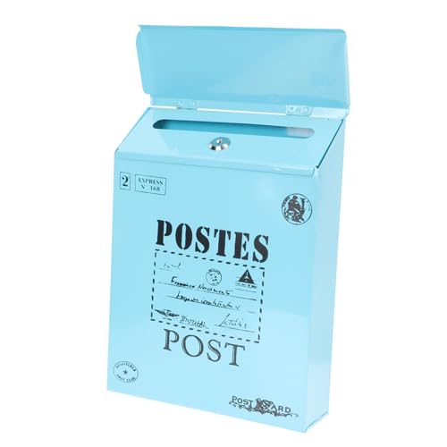 HOLIDYOYO Lockable Wall-mounted Iron Letter Box Vintage Style Post Mailbox for Home and Office with Printed English Letters Sturdy Blue Finish
