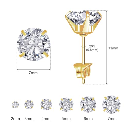 6 Pairs Stud Earrings for Women, 14K Gold Plated Hypoallergenic 316L Surgical Stainless Steel Earrings Studs Sets Cubic Zirconia Cartilage Earrings3