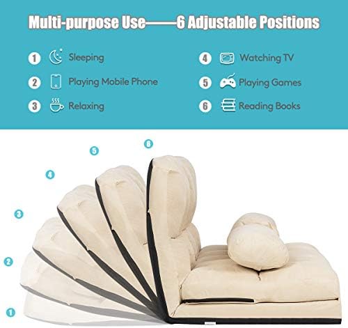 COSTWAY Double Folding Sofa Bed, 6-Position Adjustable Lounger Sleeper Seat Chair with 2 Pillows, Home Office Living Room Bedroom Floor Lazy Sofa Bed (Beige)