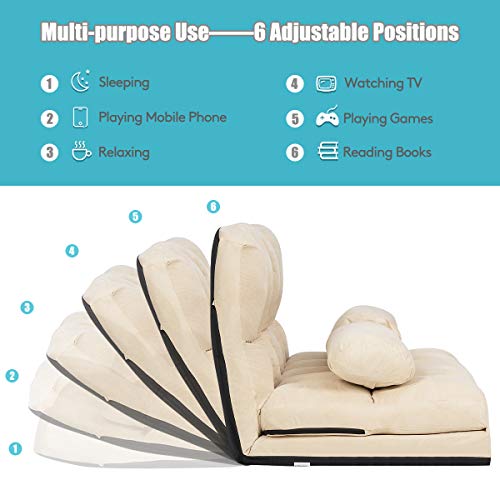 COSTWAY Double Folding Sofa Bed, 6-Position Adjustable Lounger Sleeper Seat Chair with 2 Pillows, Home Office Living Room Bedroom Floor Lazy Sofa Bed (Beige)