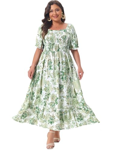 Image of Agnes Orinda Plus Size Dress for Women Short Sleeve Shirred Square Neck Floral Maxi Long Dresses