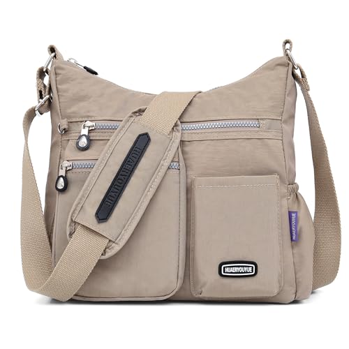 DIRRONA Umhängetasche Damen Casual Groß Kapazität Schultertasche Wasserdicht Damen Reise Arbeit Lässig Täglich Nylon Handtasche Multi Tasche Damen Messenger Bag Aprikose