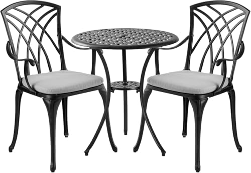 Withniture Patio Bistro Sets Cast Aluminum Bistro Table and Chairs Set of 2 with Umbrella Hole,Outdoor Bistro Set with Cushion for Yard (BLACK1)