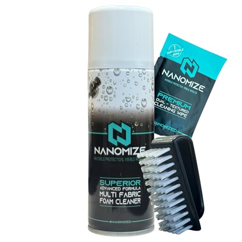 Nanomize Fabric Upholstery Cleaner for Car Interiors – Deep Cleaning Spray for Seats, Carpet & Mats - Stain & Odour Remover w/brush + wipe - Vehicle Interior Cleaner, Fresh Linen Scent