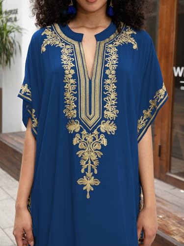 Image of KECVOT Kaftan Dresses for Women Embroidered Short Sleeve V-Neck Plus Size Caftan Bikini Swimsuit Cover-Up Long Beach Dress