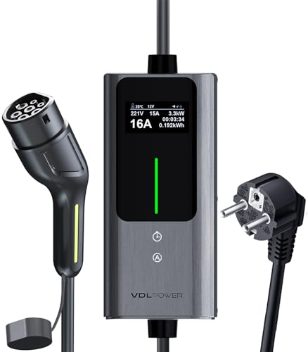 VDLPOWERVP Cargador de Coche eléctrico, 3,68 KW EV Tipo 2, Corriente Ajustable 6/8/10/13/16 A, 5M Cable de Carga para vehículos eléctricos con EU Schuko, estación de Carga monofásica IP65 (3.6KW-5M)