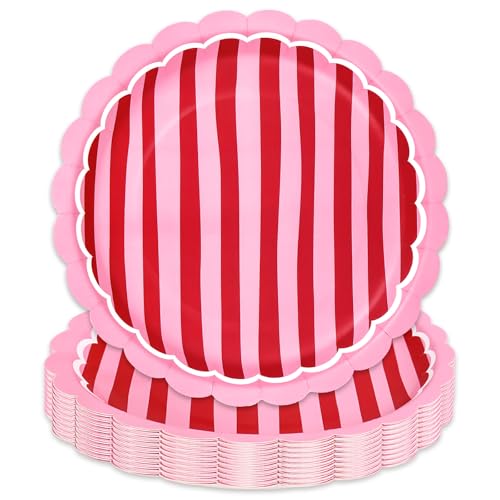 JarThenaAMCS 30Pcs Stripe Paper Plates 9 Inch Red Pink Scalloped Disposable Dinner Plate for Valentines Day Wedding Summer Cherry Theme Party Table Decor