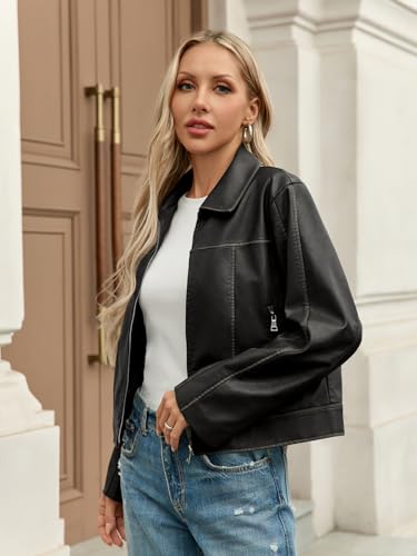 Yousify Womens Faux Leather Jacket Casual Zip Up Motorcycle Long Sleeve Collared Fall Cropped Coats with Pockets3