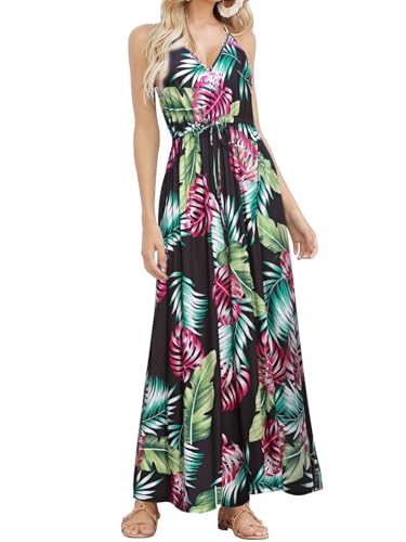 HUSKARY Womens Vacation Casual Sleeveless V Neck Spaghetti Strap Pockets Beach Boho Tropical Summer Maxi Dress