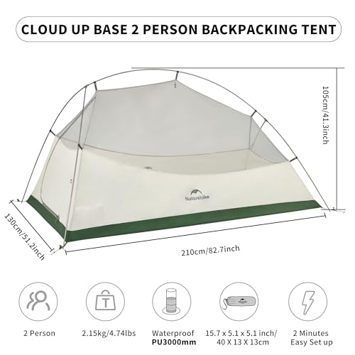 Image of Naturehike Cloud-Up 2 Person Tent Lightweight Backpacking Tent with Footprint - Free Standing Ultralight Camping Hiking Backpack Tents Two Person Tent