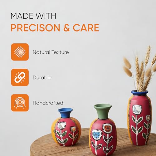Image of Aakriti Art Creations Smiling Flowers Colorful Vases Set of 3 in Magenta | Handmade Terracotta Flower Vases | Matte Finish Decorative Vases for Living Room, Table Decor & Gifting