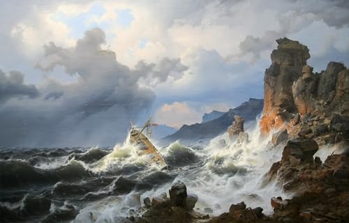 Toile Tempête en mer par Achenbach, grand tableau pour habiller un mur vide de bureau