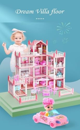 Image of 3 Storey Doll House for Girls, Large Princess Villa Playset with Furniture, Dolls, DIY Assembly Pretend Play Toy(9ROOM)