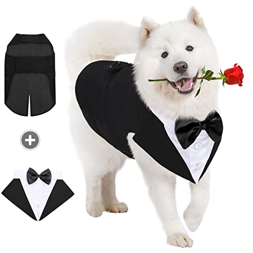 Migohi Dog Tuxedo Dog Suit And Bandana Set, Dog Formal Costume Party Suit With Detachable Bowtie Collar For Halloween Christmas Wedding, Pet Gentle Bow Tie Shirt Vest For Small Medium Large Dogs #TOP6