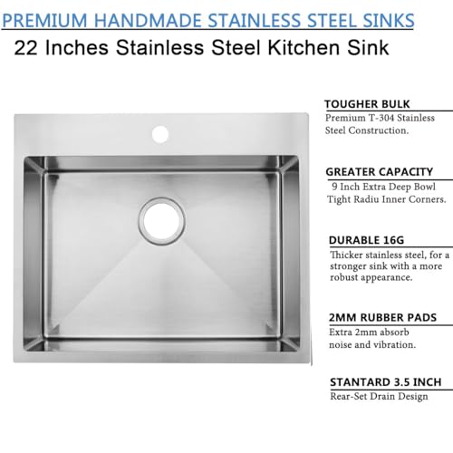 Image of SHACO 22x18 Inch Drop In Kitchen Sink, 22 Inch Topmount Outdoor Bar Sink, 16 Gauge Stainless Steel Single Bowl Brushed Nickel Small Kitchen Sink with Strainer Drain