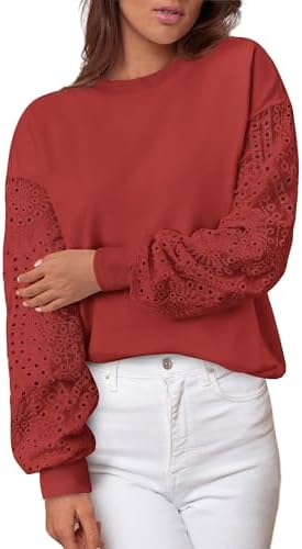 MASCOMODA Fall Fashion 2024 Blouses for Women Dressy Casual Lace Long Sleeve Tops Crewneck Eyelet Knit T Shirts Sweatshirt(Rust Red,Medium)