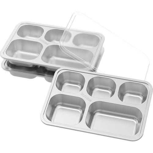 Foppla 3 recipientes para aperitivos de acero inoxidable con tapa transparente de acero inoxidable, recipiente para alimentos, 5 compartimentos, recipiente de comida de acero inoxidable, para casa