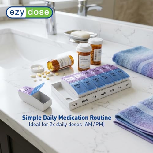 Image of Ezy Dose Weekly (7-Day) AM /PM Pill Organizer, Vitamin and Medicine Box, Small Pop-out Compartments, 2 Times a Day, Blue and Purple Lids