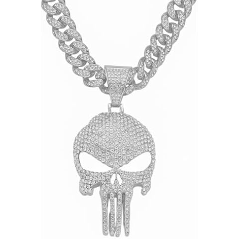 Cool Skull Necklace for Men Women Halloween, Iced Out Cuban Chain Diamonds with Bling Skulls Pendant, Cubic Link Chains Necklaces, Unique Large Hip Hop Rhinestone Gifts Silver Cosplay Punk Gothic Goth Cover