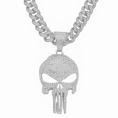 Cool Skull Necklace for Men Women, Halloween Necklace, Iced Out Cuban Chain Diamonds with Bling Skulls Pendant, Chunky Cubic Link Chains Necklaces, Unique Large Hip Hop Rhinestone Gifts, Mens Big Gold Plated Cosplay Costume Punk Gothic Goth Jewelry