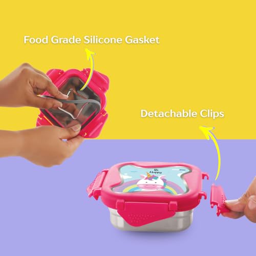 Image of STEELLOCK Smart Kids Stainless Steel Lunch Box, Leakproof & Airtight Tiffin Box for School Boys & Girls, BPA Free Food Grade with 4-Side Clip Lock | 360 ML | Pink, 3D /UV Print Unicorn