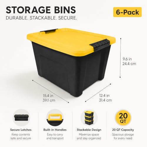 Image of Storage Bins 20 Qt Stackable with Lids 6 Pack for Garage Closet | Durable Plastic with Side Handles - Lightweight and easy to carry. Ideal for garage, basement, closet, and office.