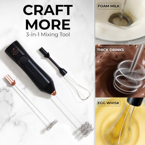 Image of Zulay Kitchen Rechargeable Milk Frother Handheld - Frother Wand, Drink Mixer, Electric Whisk Frother, for Cappuccinos, Matcha & Protein Powder - Dynamic 3 Whisk, 3 Speed 500mAh Black Copper