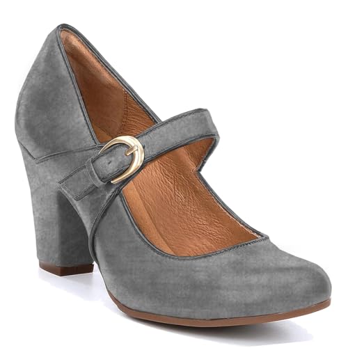 Image of SHODENSE Women Vintage Chunky High Heel Mary Jane Shoes Round Closed Toe Ankle Strap Dress Sandals 3 inch Block Heels Mary Jane Lolita Pumps Two-Toned Patchwork Buckle Office Lady Wedding Retro 4-11 M US