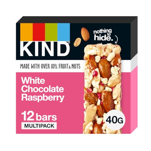 Kind Bars, White Chocolate Raspberry, Healthy Snack, Gluten Free Snack Bars, No Artificial Colours, Flavours or Preservatives, Multipack 12 x 40g