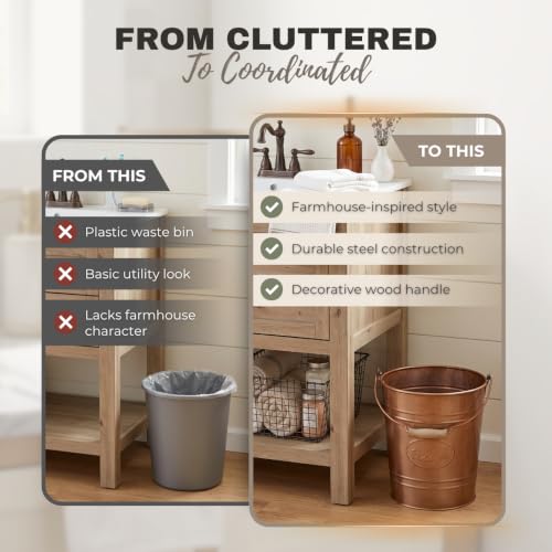 Image of Autumn Alley Western Bathroom Trash Can - Metal Trash Can Bucket with Wooden Handle for Rustic Bathroom, Bedroom, Office, Kitchen, Country Home Decor, 7 Liter, Copper Tone
