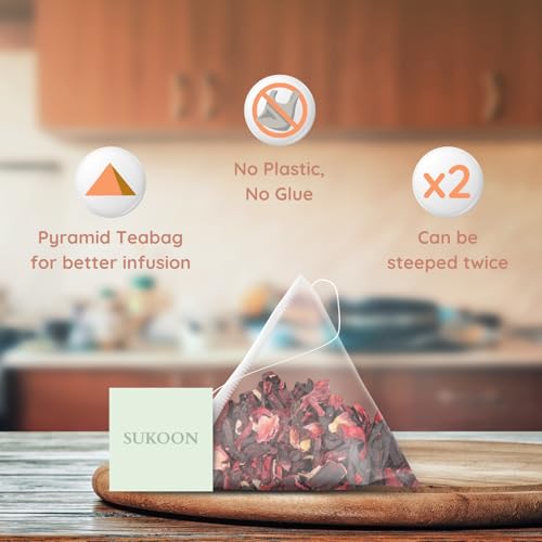 Image of Sukoon, Hibiscus Tea Organic - 100 Tea Bags (2g each) - Sweet & Tart - Contains only Dried Hibiscus Flowers loose leaf - flor de jamaica organica natural, herbal tea in plastic free tea bags