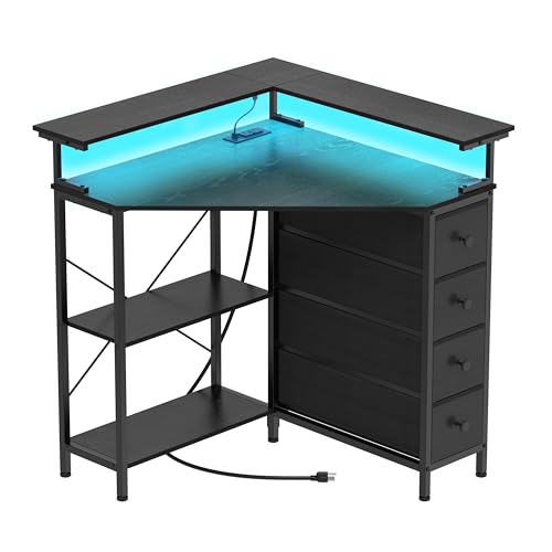 VENNQD Corner Desk with Drawers Shelves for Small Space 90 Degrees Triangle Computer Desk with Power Outlets,Gaming Desk with LED Lights Monitor Stand for Home Office Workstation Writing Table (Black)