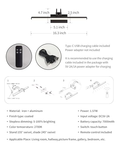 Image of KDG LED Coedless Wall Picture Lights Set of 2 with Remote, 5200mAh Rechargeable Dimmable Art Lighting, Adjustable Swing Arm, Picture Frame Light for Gallery, Living Room, Hallway, 16.3 inch, Black