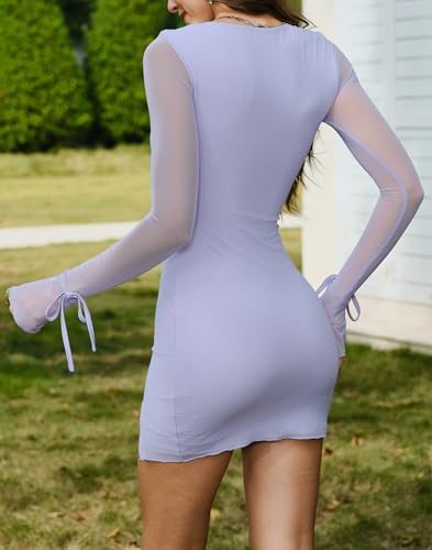 Image of HYPERFIRE Women's Mesh Long Sleeve Square Neck Split Hem Party Club Cocktail Bodycon Mini Dress