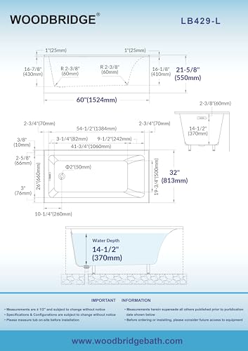 Image of WOODBRIDGE 60 inch Acrylic Rectangular Alcove Soaking Bathtub in White with Left Drain, Chrome pop-up Drain Included, LB429-L