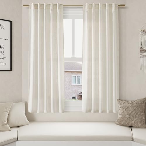 Image of Linen Curtains 63 Inch Length 2 Panels Set for Cafe Kitchen Cream Thermal Insulated Drapes with Back Tab Light Filtering Boho Farmhouse Curtain for Bedroom Living Room 40x63 Inch Natural