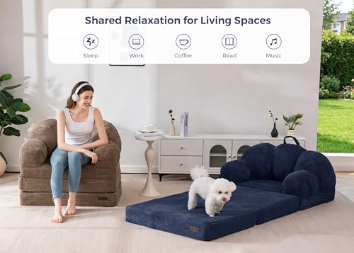 Image of MAXYOYO Folding Sofa Bed, Floral-Shaped Convertible Floor Sofa Couch with Backrest, 2 in 1 Comfy Lounger Bean Bag Chair with Handle, Floor Single Couch for Living Room Bedroom, Navy