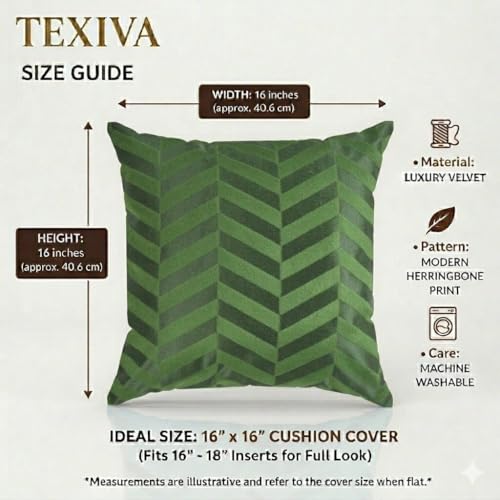 Image of TEXIVA Premium Velvet Cushion Covers Set of 5, 16x16 Inch Sofa Cushion Covers with Hidden Zipper, Modern Chevron Pattern - Green