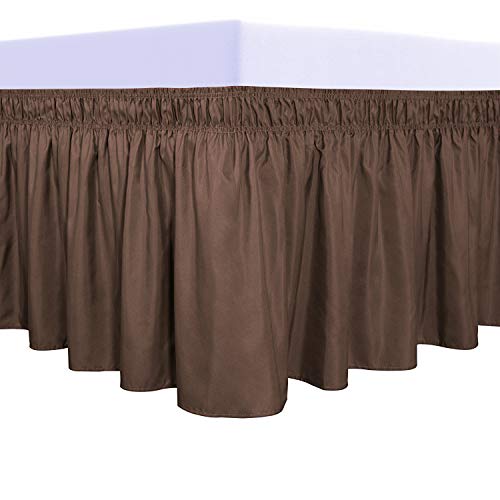 PureFit Wrap Around Ruffled Bed Skirt with Adjustable Elastic Belt - 18 Inch Drop Easy to Put On, Wrinkle Free Bedskirt Dust Ruffles, Bed Frame Cover for Queen, King and C-King Size Beds, Brown