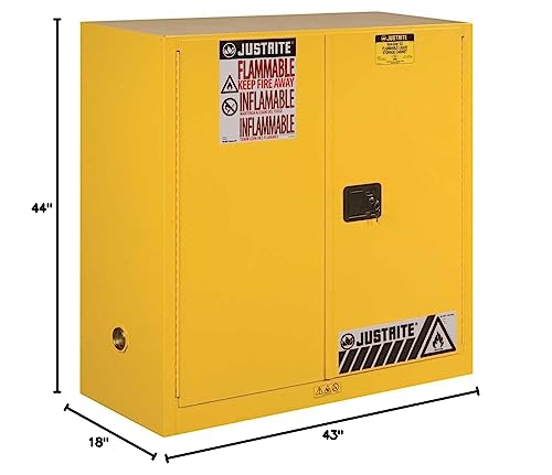 JUSTRITE Manufacturing 893000 Yellow 18 Gauge CR Steel Sure-Grip EX Flammable Safety Cabinet, 2 Manual Close Doors, 30 gal Capacity, 44" H x 43" W x 18" D, 1 Shelf