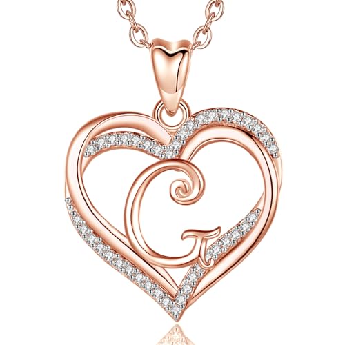 INFUSEU Letter Necklace A-Z Alphabet, Double Heart Necklace Rose Gold Pendant Long 20 Inch Chain Rose Gold G Jewellery Personalised Birthday Gifts For Women Female Wife
