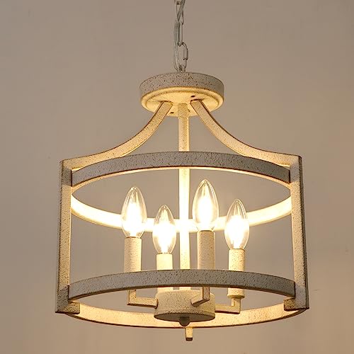 Wbindx D0128S-4-D 4-Light Farmhouse Chandelier, Distressed Hanging Pendant Lighting, Convertible Semi Flush Mount Ceiling Light Fixture Vintage White Metal Chandeliers thumb #4