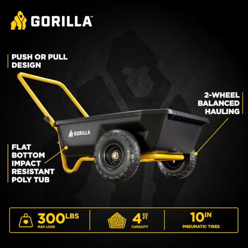Image of Gorilla Carts Poly Dump Cart, 2-Wheel Garden Wagon, 4 Cu Ft, 300lb Capacity