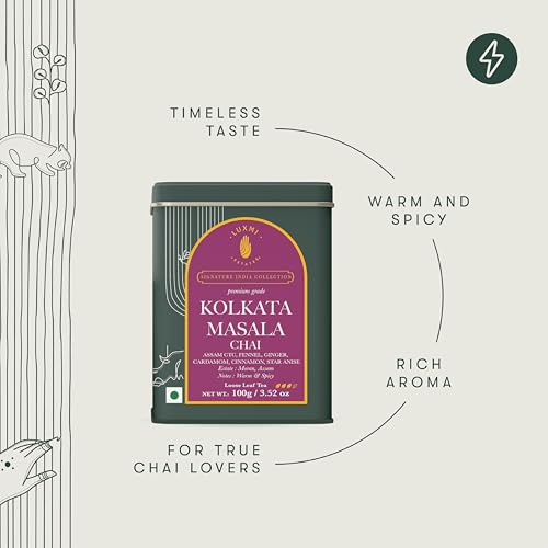 Image of Luxmi Estates Kolkata Masala Chai | 100 gm | Signature India Collection | Assam CTC Tea | Black tea collection | Organic & Strong | Antioxidants | Assam Valley | Fennel, Ginger, Cardamom, Cinnamon, Star Anise