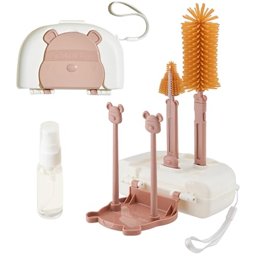 Baby Bottle Drying Rack and Cleaning Set, 7 in 1 Bottle Cleaning Brush Set with Silicone Bottle Brush, Straw Brush, Nipple Brush, Soap Dispenser, Storage Box, Drying Rack for Baby Bottle (Brown)